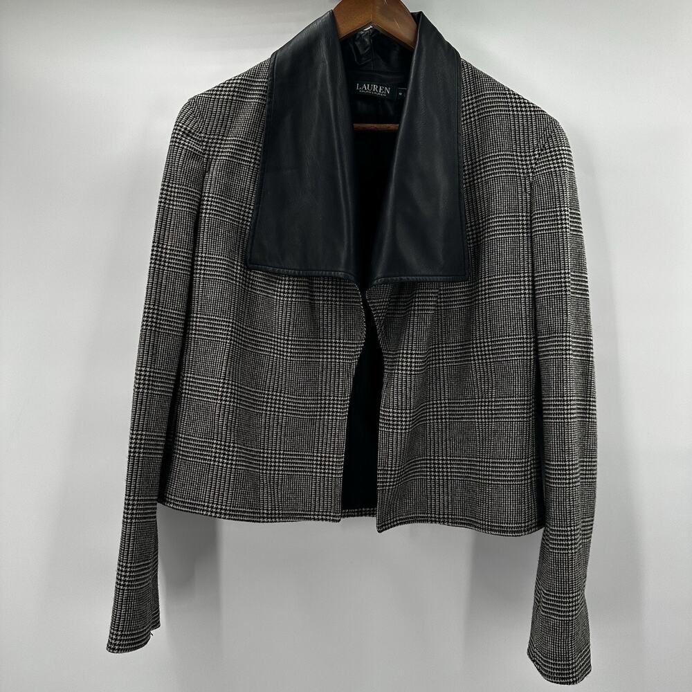 RALPH LAUREN LRL Jacket Womens Medium Houndstooth‎ Faux Leather Shawl Collar - Picture 2 of 12